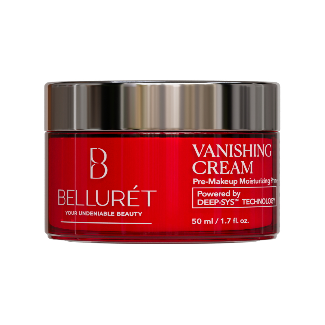Bellurét Vanishing Cream pre-make-up moisturising cream in a 50 ml red jar with a metallic silver lid, on a white background.