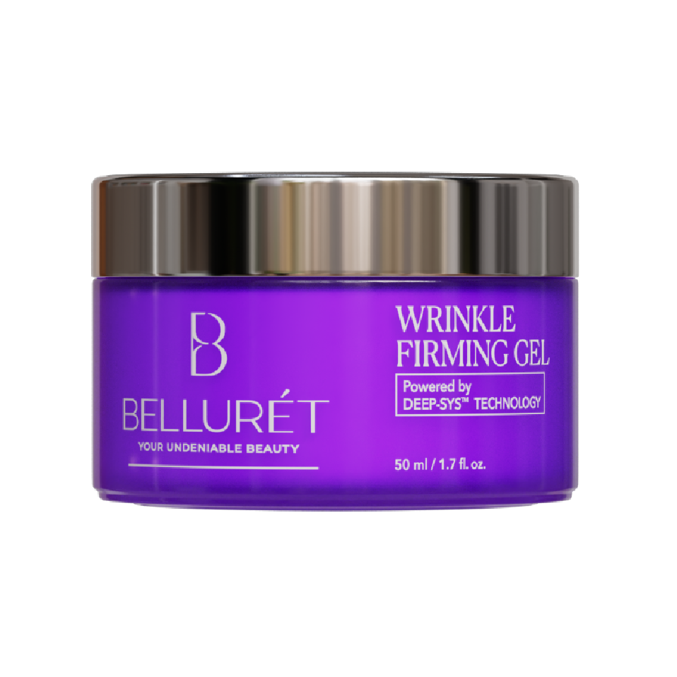 Bellurét Wrinkle Firming Gel in a purple jar with a metallic silver lid, on a plain white background.